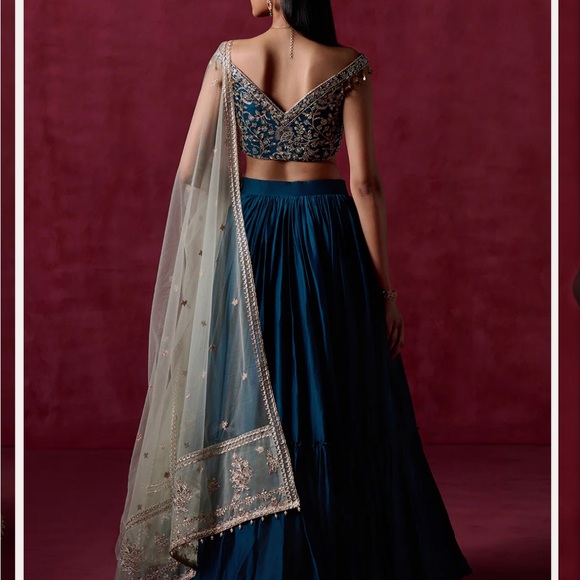 Teal Green Embroidered Crepe Silk Lehenga - Picture 3 of 3